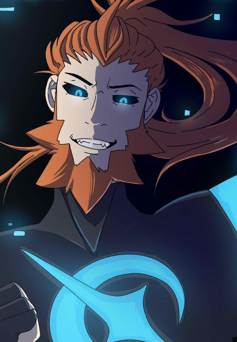 Untitled Character with orange hair with a beard looks like the character from Pokemon XY Lysandre but with a long ponytail and black and blue eyes. He looks to be where a bodysuit